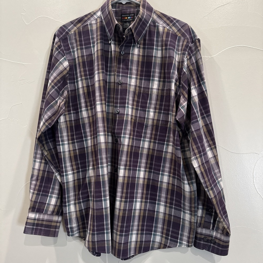 Alexander Julian Colours Men's L Purple Plaid Button Down Shirt Cotton